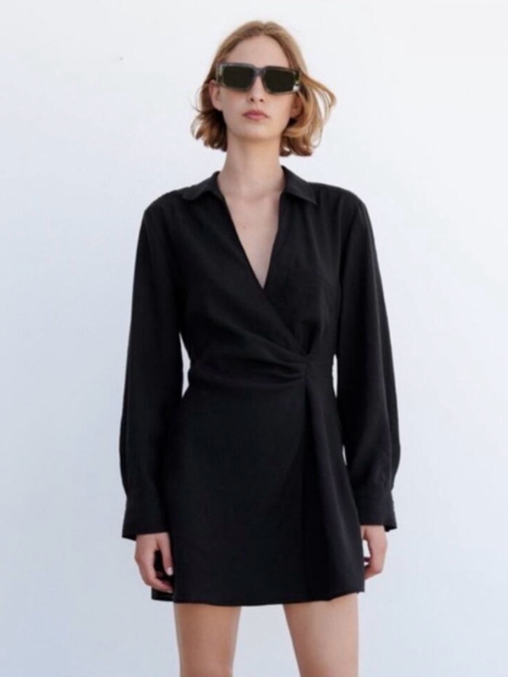 Zara Black Long-Sleeve Wrap Mini Dress